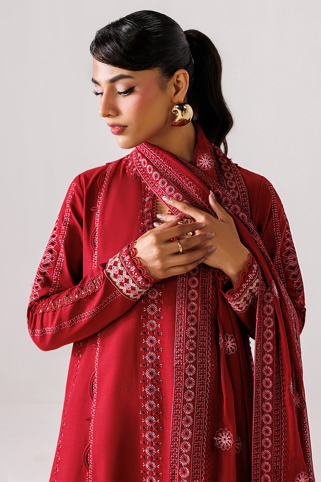 Emaan Adeel POISE P0036 lawn outfit in deep red — upper-body view