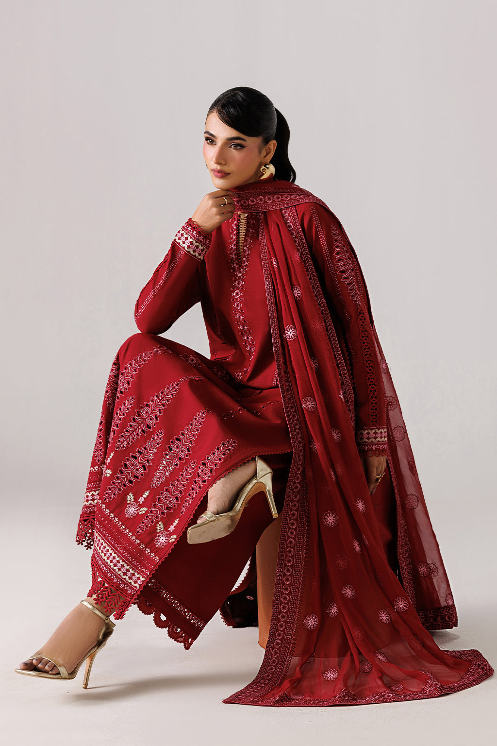 Emaan Adeel POISE P0036 lawn outfit in deep red — seated view