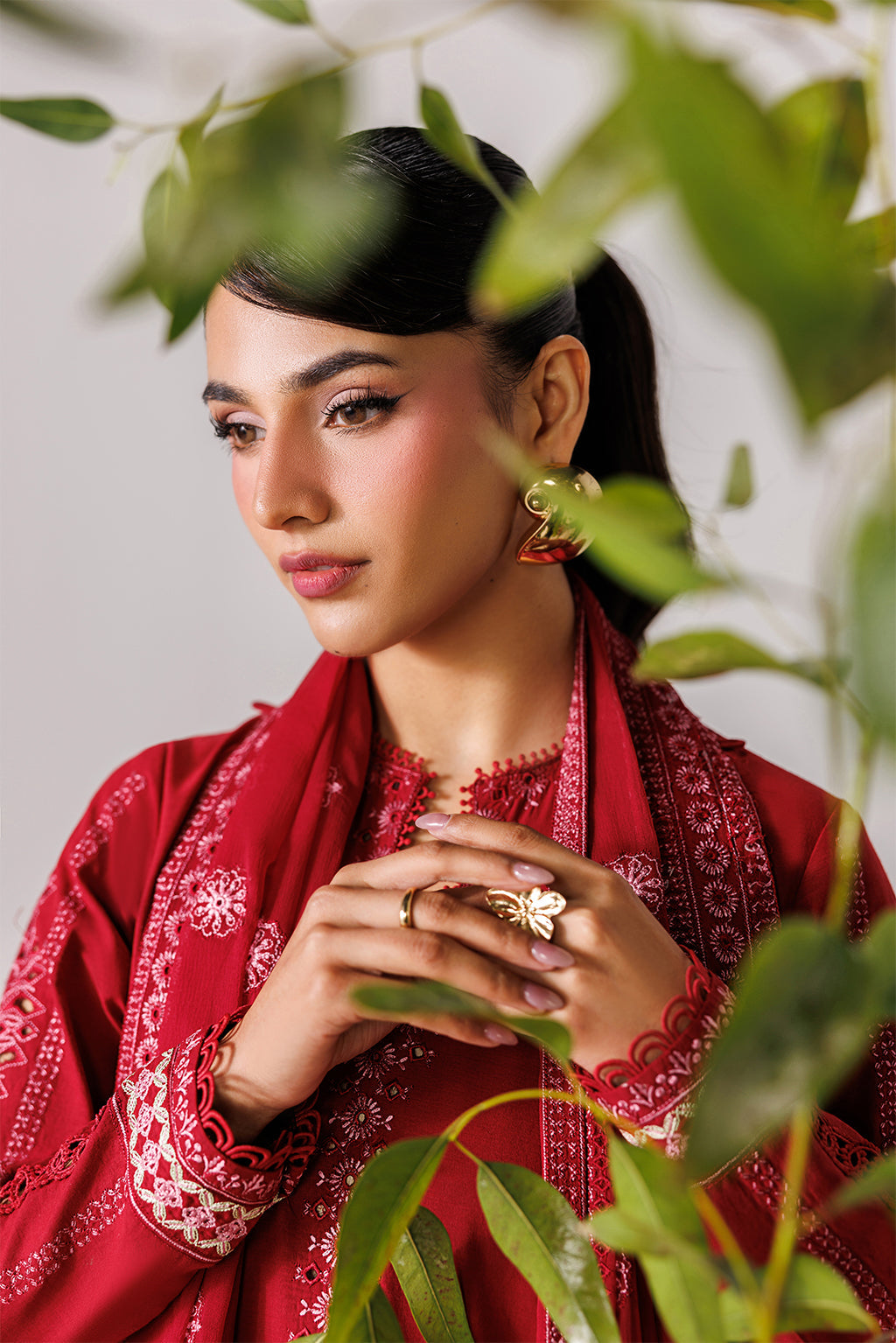Emaan Adeel POISE P0036 lawn outfit in deep red — upper-body view