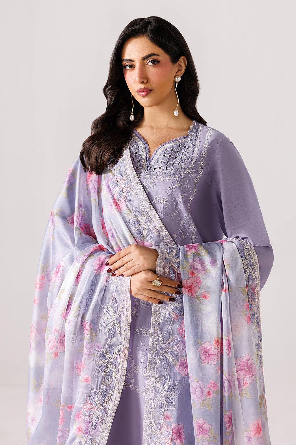 Emaan Adeel QUIET LUXE P0140 lawn outfit in lilac — upper-body view