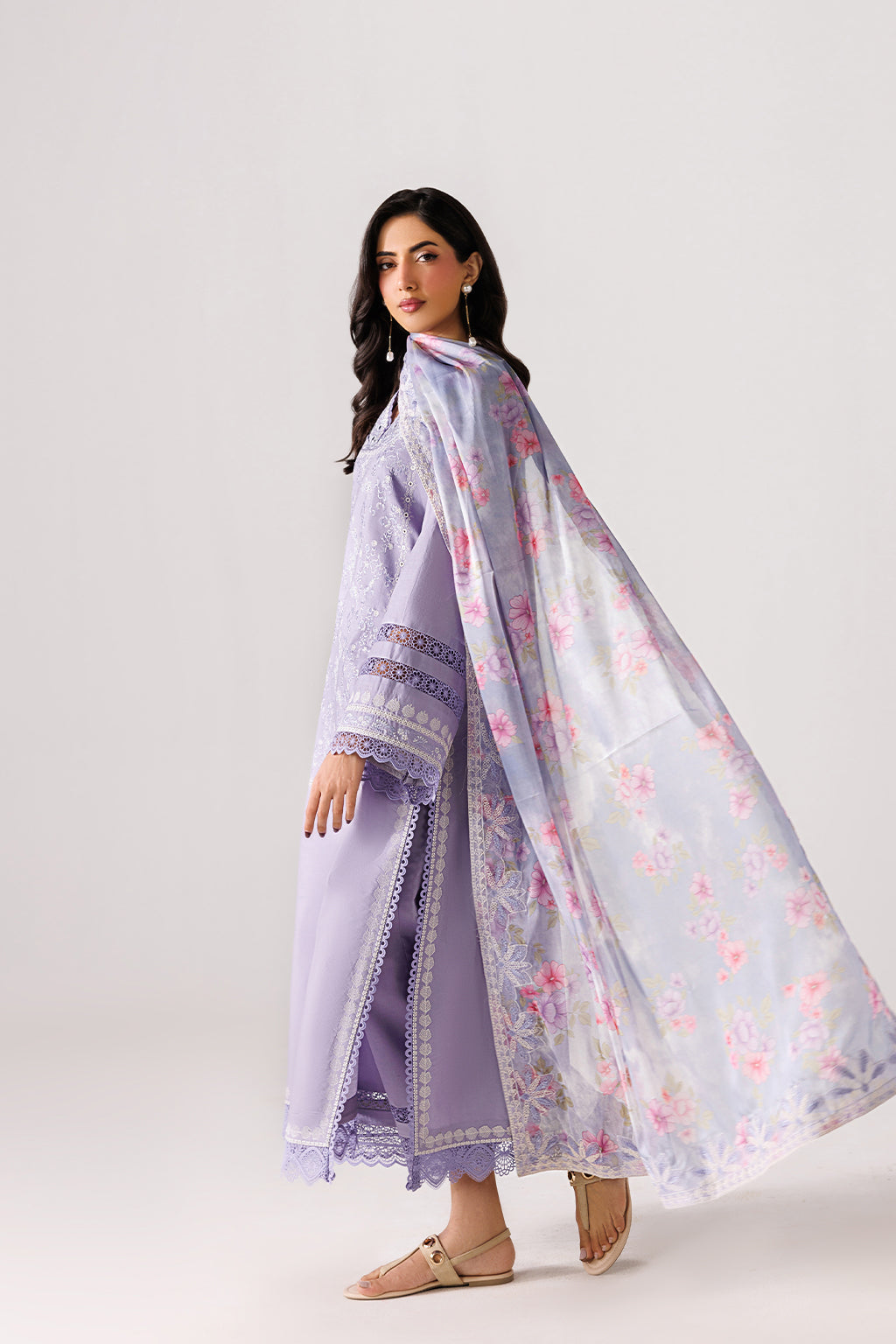 Emaan Adeel QUIET LUXE P0140 lawn outfit in lilac — angled view
