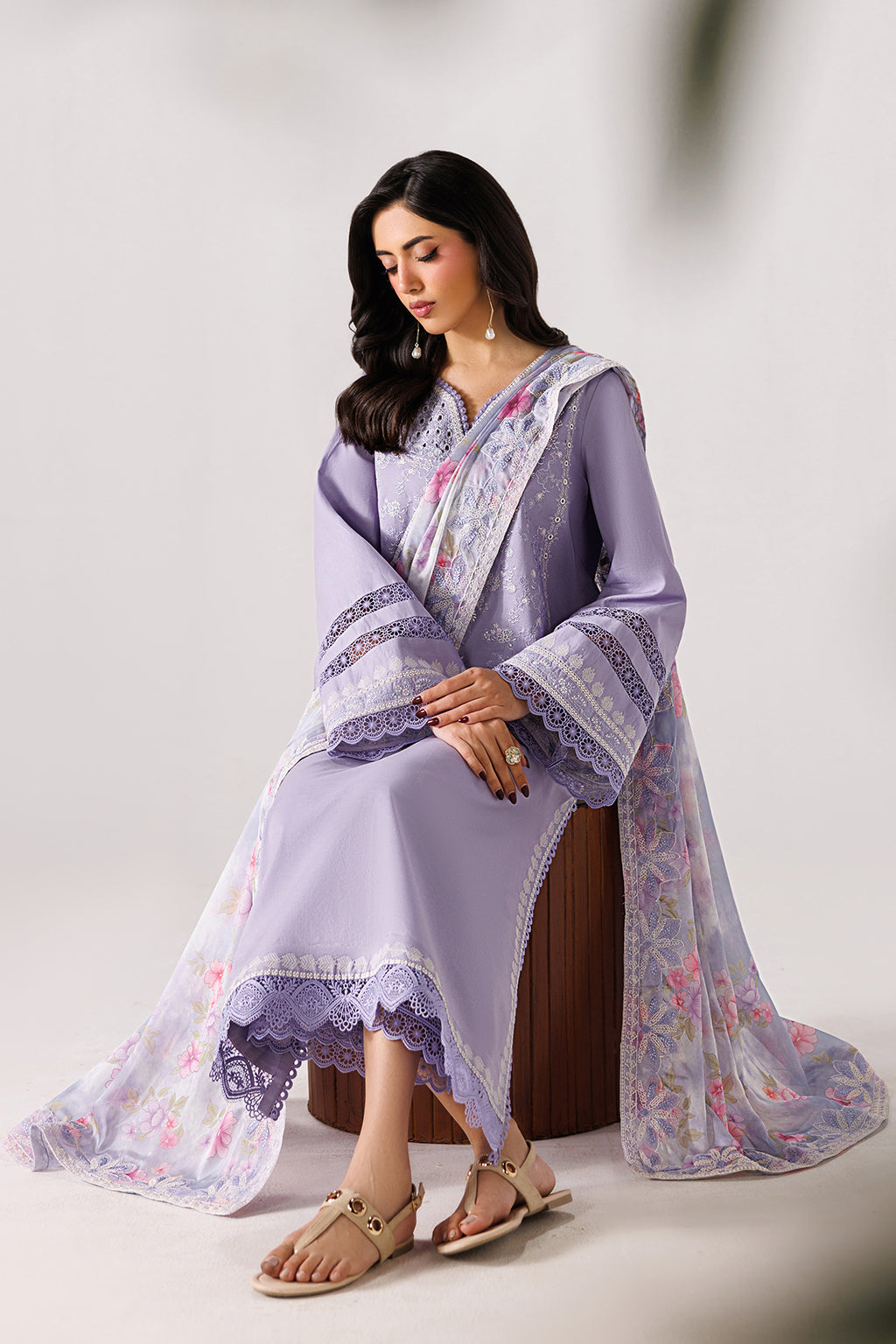 Emaan Adeel QUIET LUXE P0140 lawn outfit in lilac — seated view