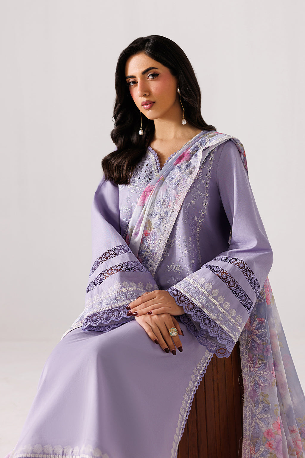 Emaan Adeel QUIET LUXE P0140 lawn outfit in lilac — seated view