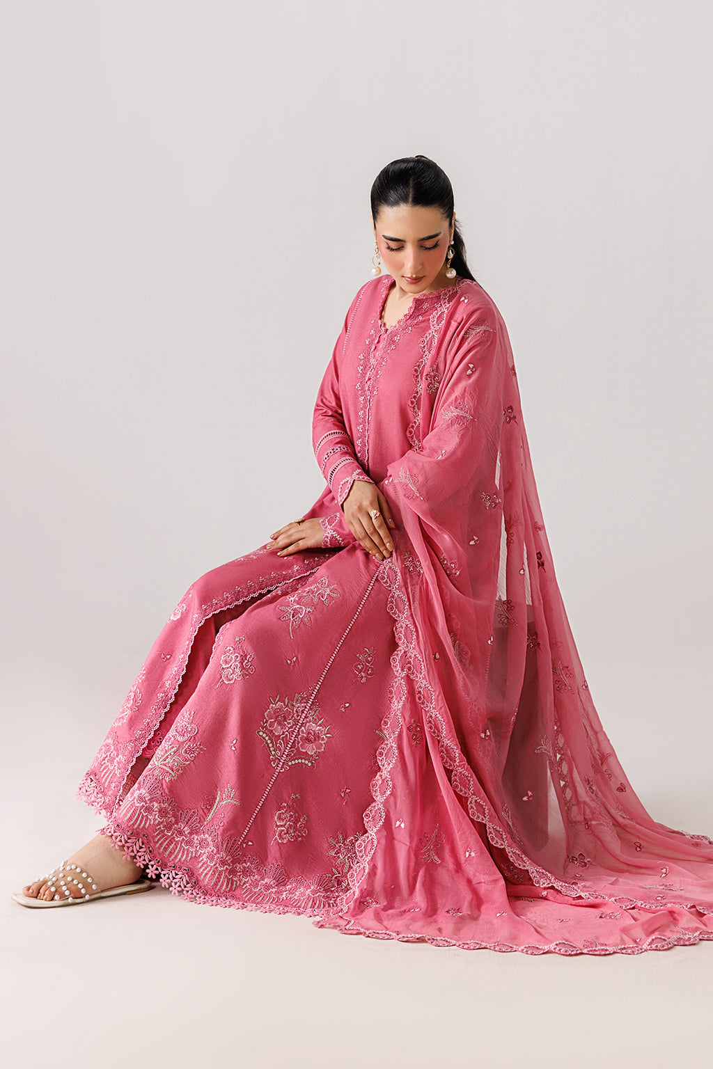 Emaan Adeel INES P0136 lawn outfit in pink — seated view