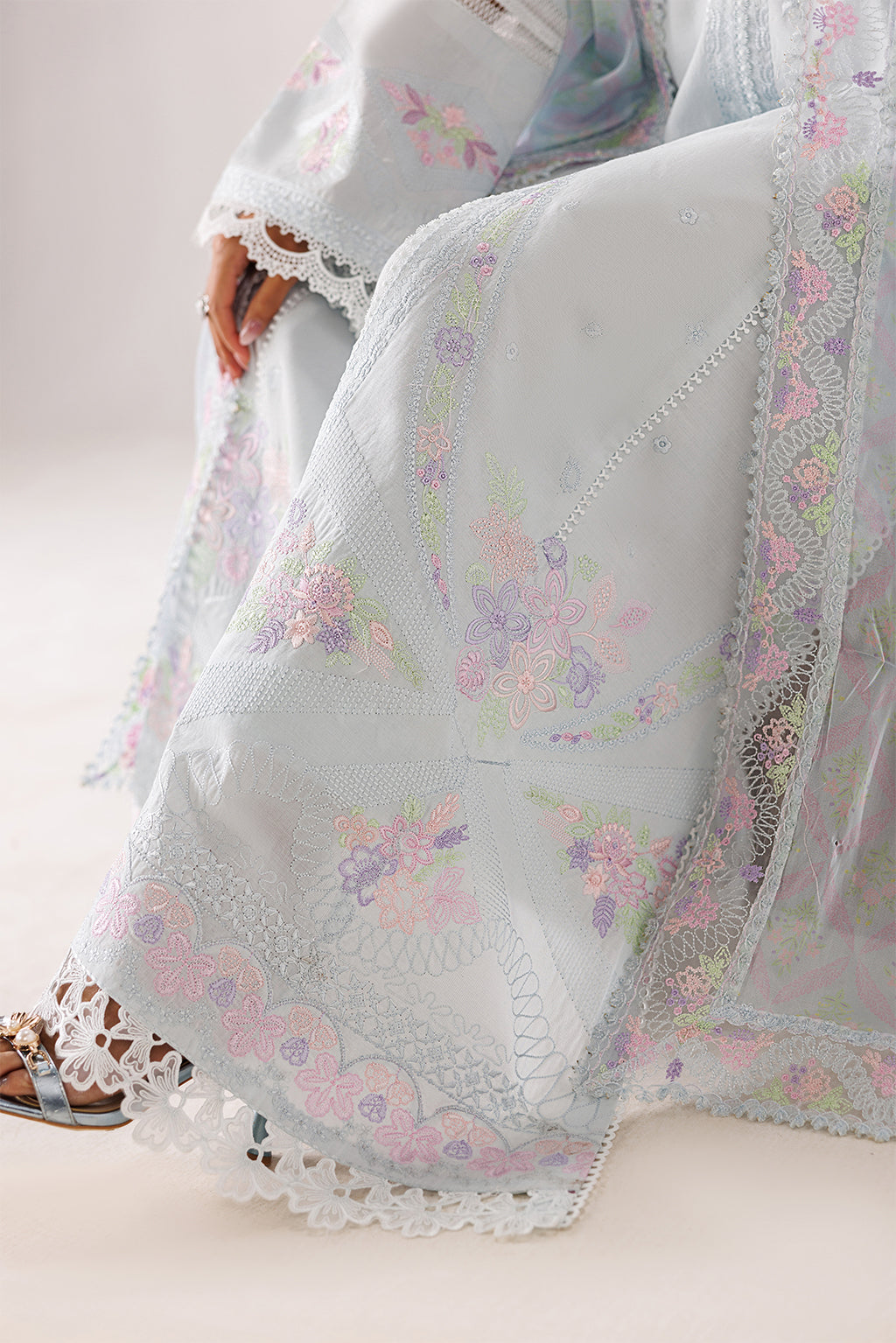 Emaan Adeel CORELLE P0135 lawn outfit in pale blue — hem detail