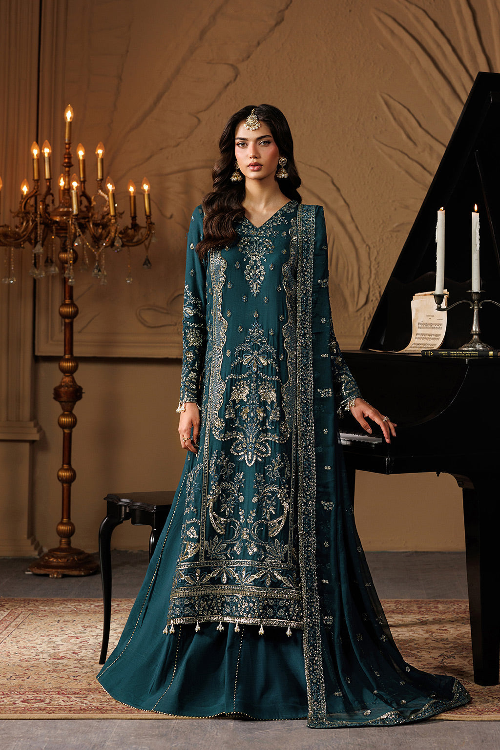 Emaan Adeel ASTERIA S0458 chiffon outfit in deep teal — front view