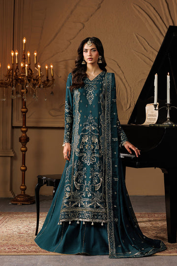 Emaan Adeel ASTERIA S0458 chiffon outfit in deep teal — front view