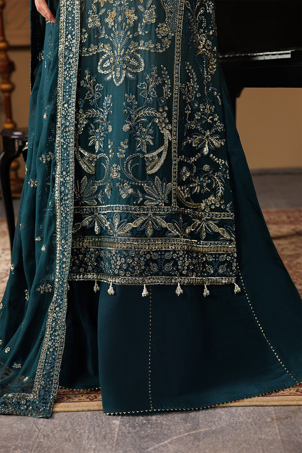 Emaan Adeel ASTERIA S0458 chiffon outfit in deep teal — hem detail
