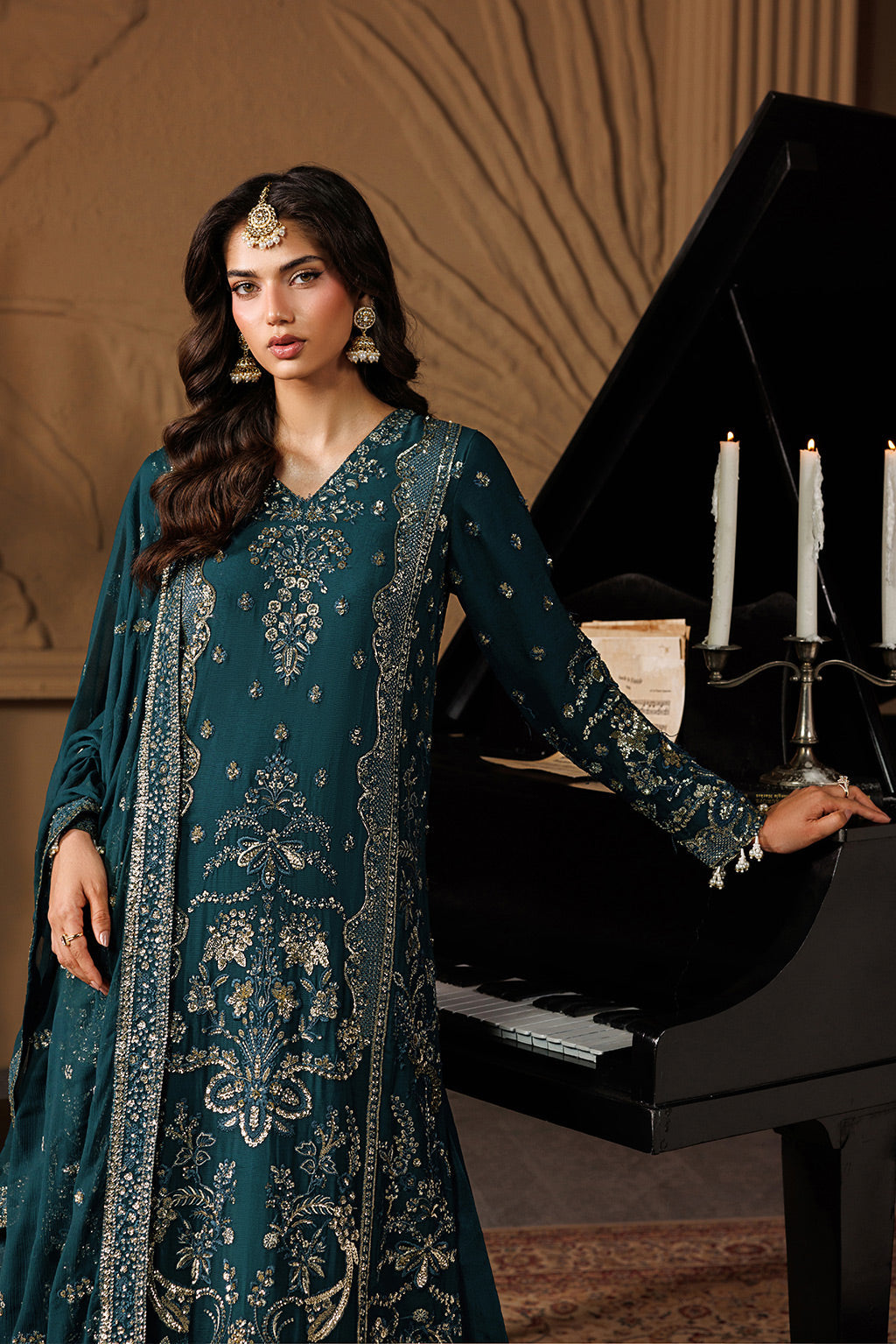 Emaan Adeel ASTERIA S0458 chiffon outfit in deep teal — upper-body view