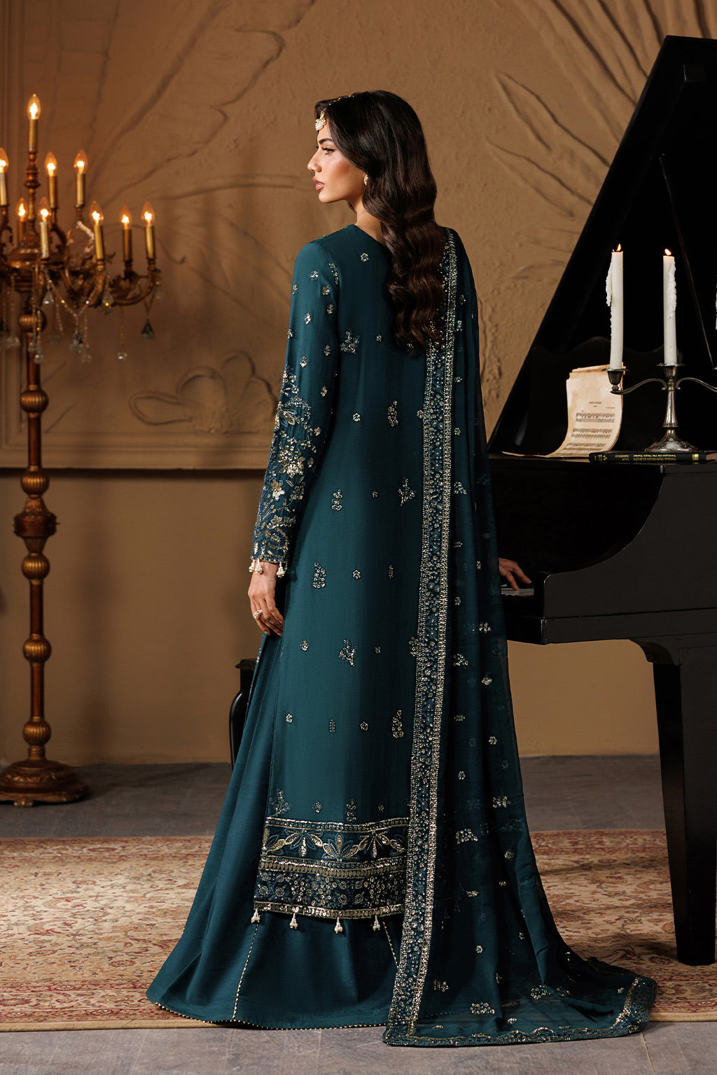 Emaan Adeel ASTERIA S0458 chiffon outfit in deep teal — back view