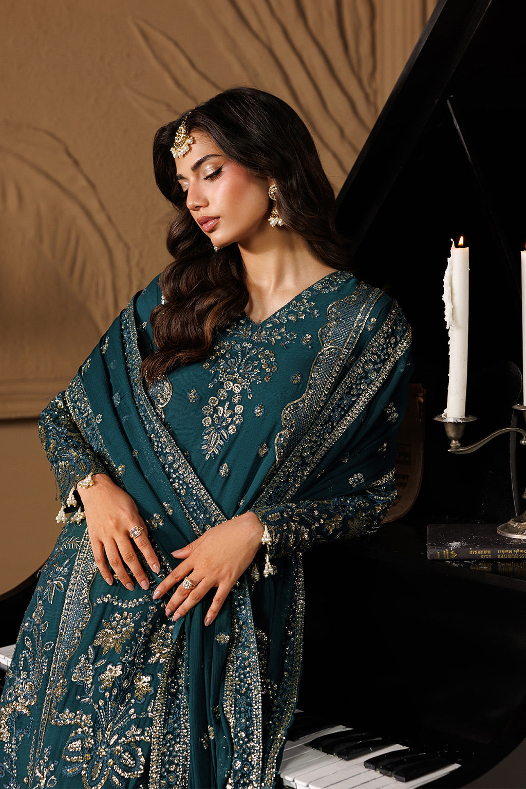 Emaan Adeel ASTERIA S0458 chiffon outfit in deep teal — upper-body view