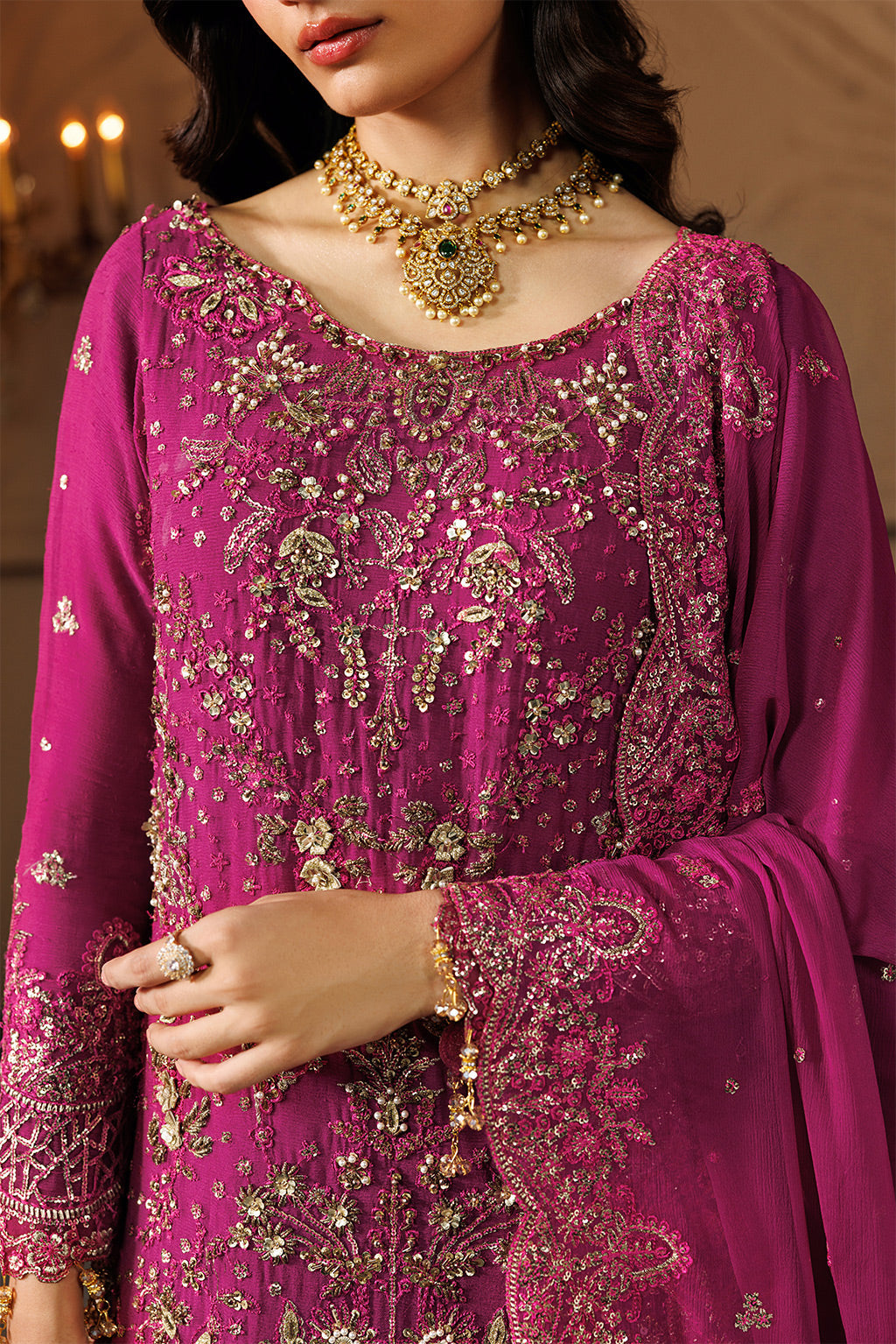 Emaan Adeel EMBER S0452 chiffon outfit in bright pink — embroidery close-up