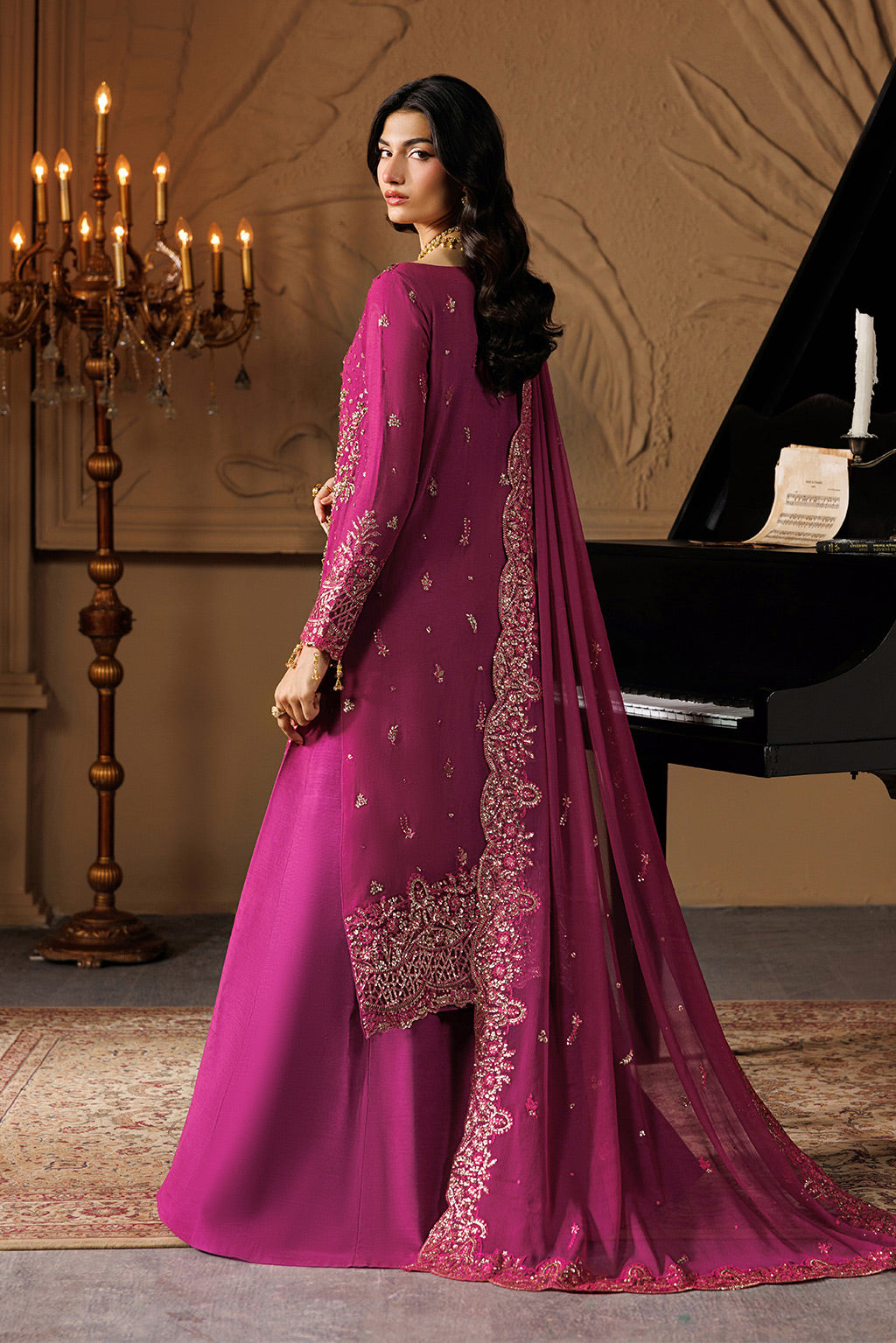 Emaan Adeel EMBER S0452 chiffon outfit in bright pink — back view