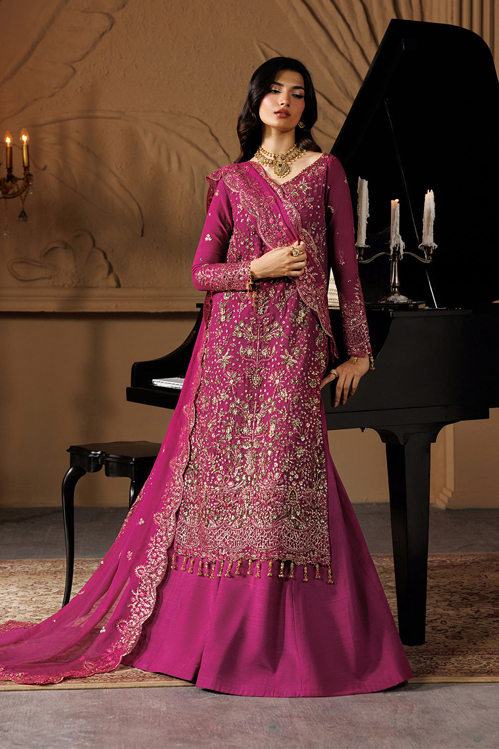 Emaan Adeel EMBER S0452 chiffon outfit in bright pink — front view