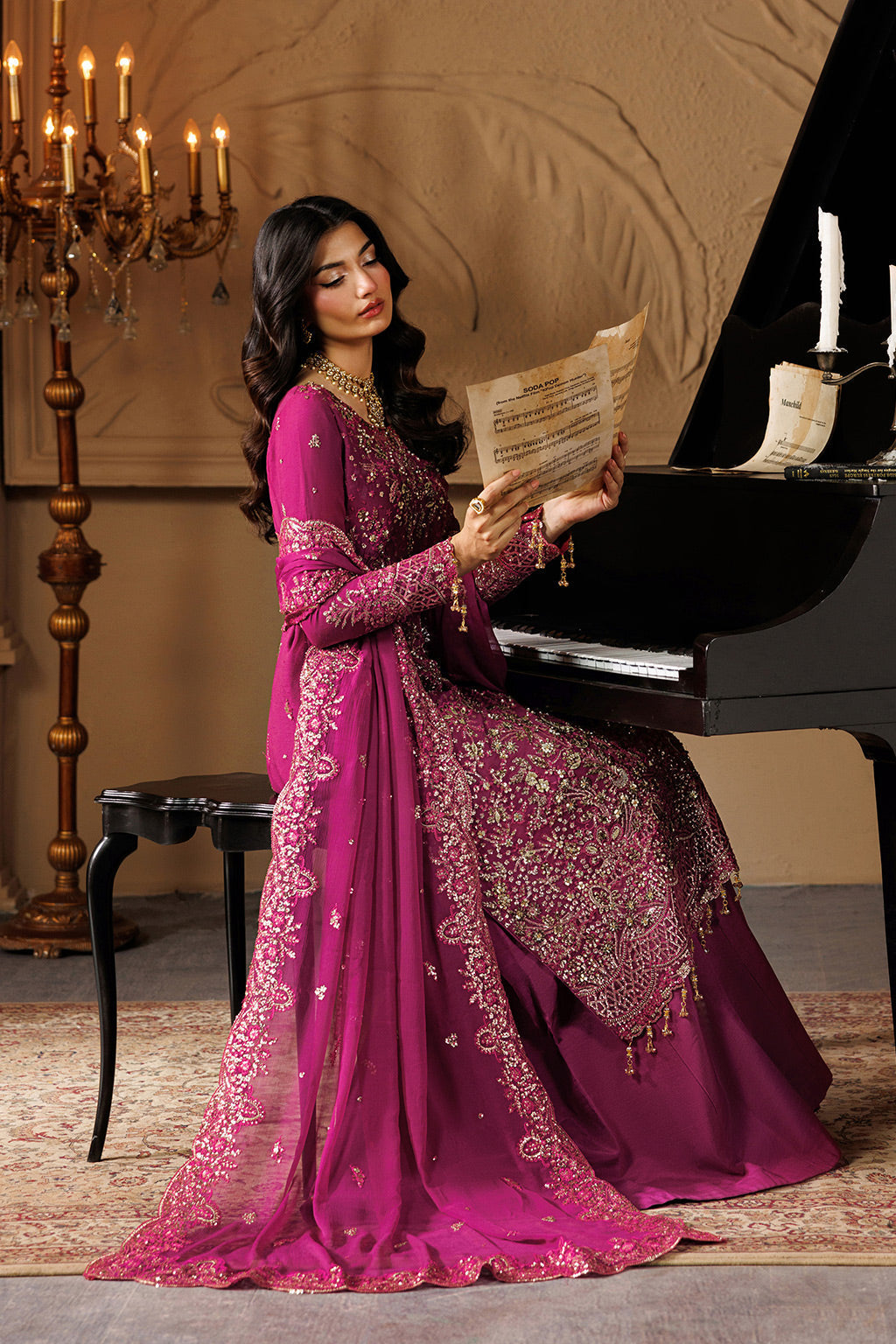 Emaan Adeel EMBER S0452 chiffon outfit in bright pink — seated view