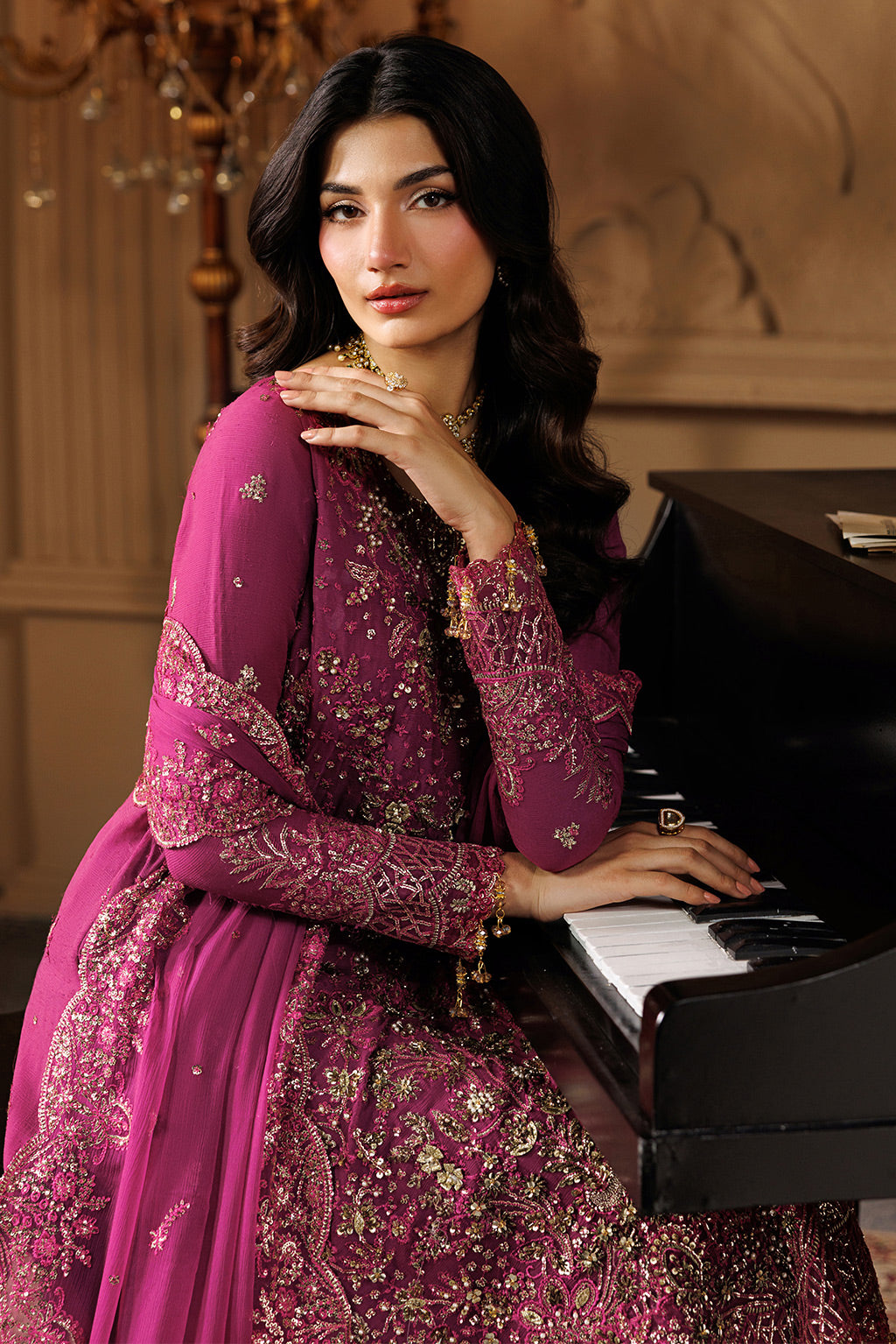 Emaan Adeel EMBER S0452 chiffon outfit in bright pink — upper-body view