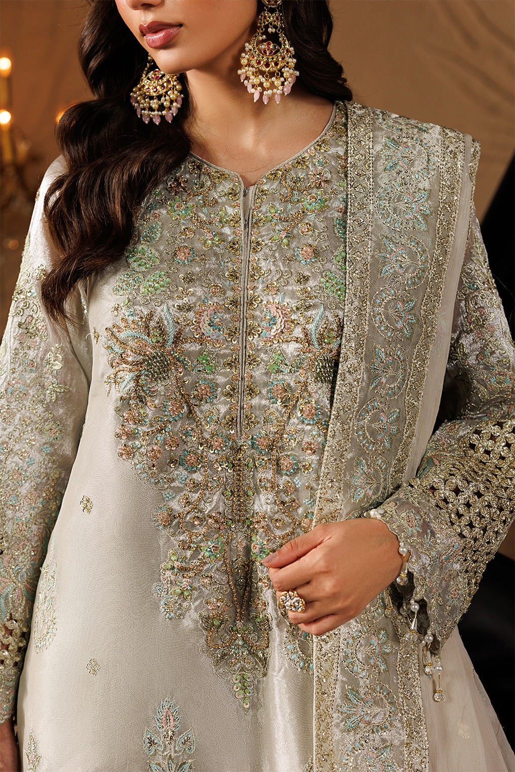 Emaan Adeel JEWEL S0460 mesoury outfit in ivory — embroidery close-up