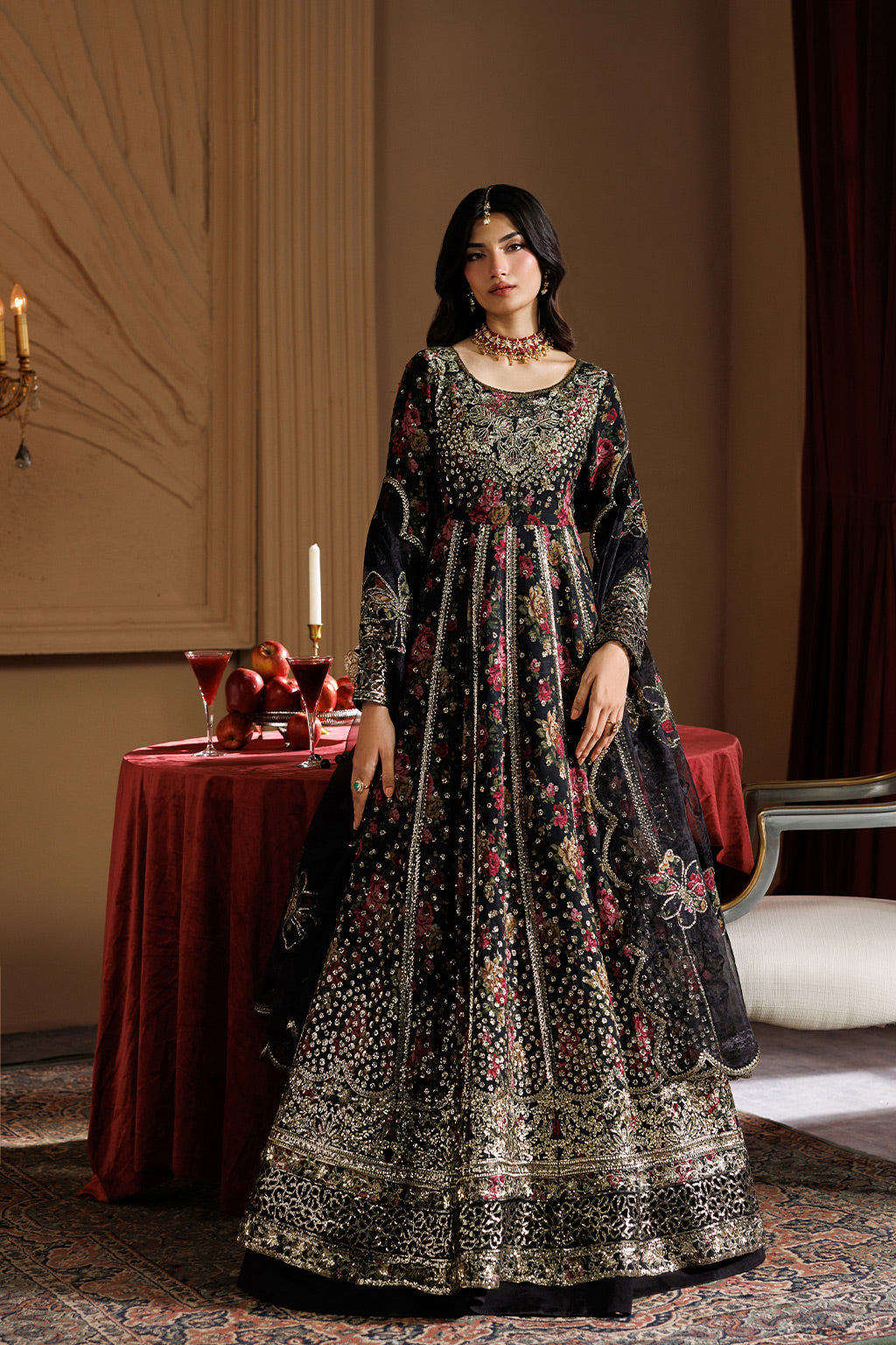 Emaan Adeel ASH S0454 chiffon outfit in black with multicolour details — front view