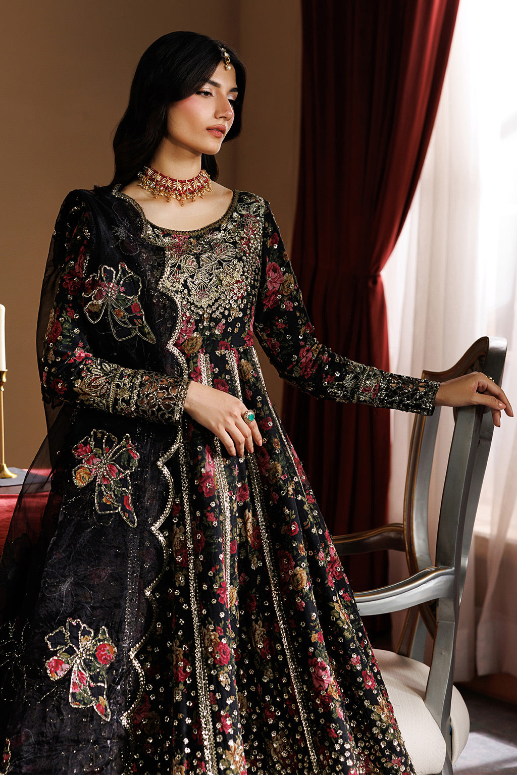 Emaan Adeel ASH S0454 chiffon outfit in black with multicolour details — upper-body view