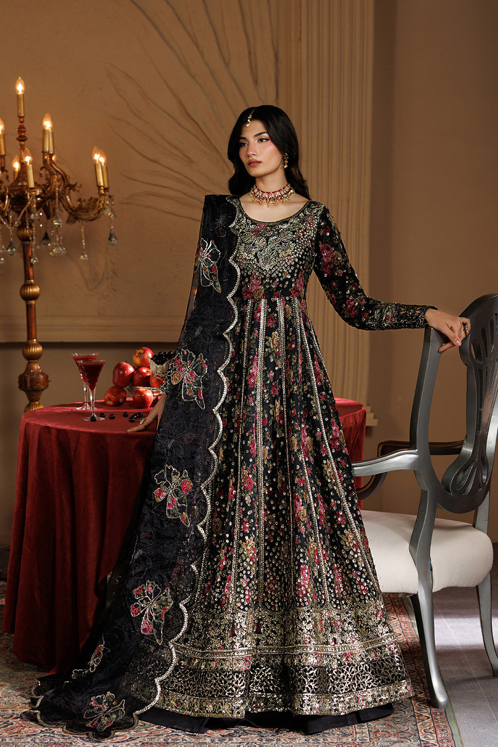 Emaan Adeel ASH S0454 chiffon outfit in black with multicolour details — front view
