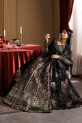 Emaan Adeel ASH S0454 chiffon outfit in black with multicolour details — seated view