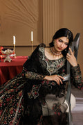 Emaan Adeel ASH S0454 chiffon outfit in black with multicolour details — seated view
