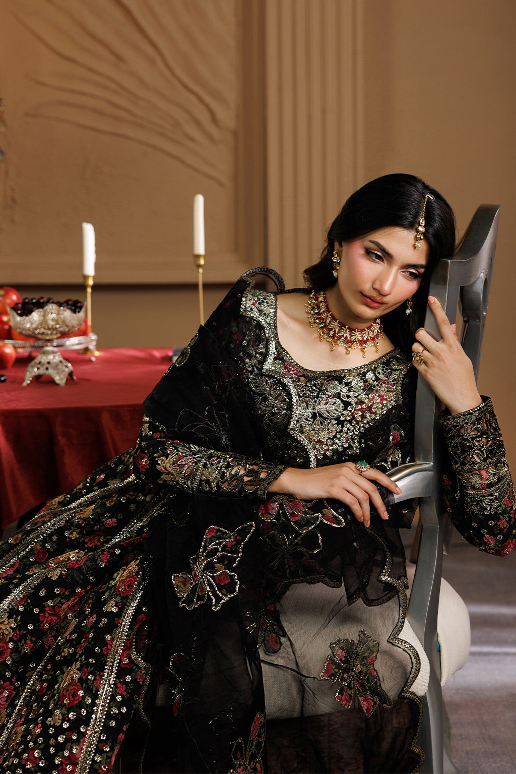 Emaan Adeel ASH S0454 chiffon outfit in black with multicolour details — seated view