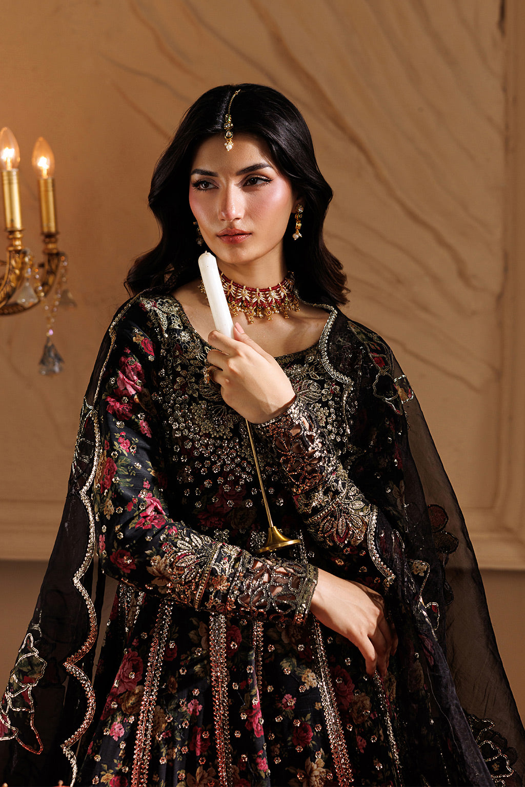 Emaan Adeel ASH S0454 chiffon outfit in black with multicolour details — upper-body view