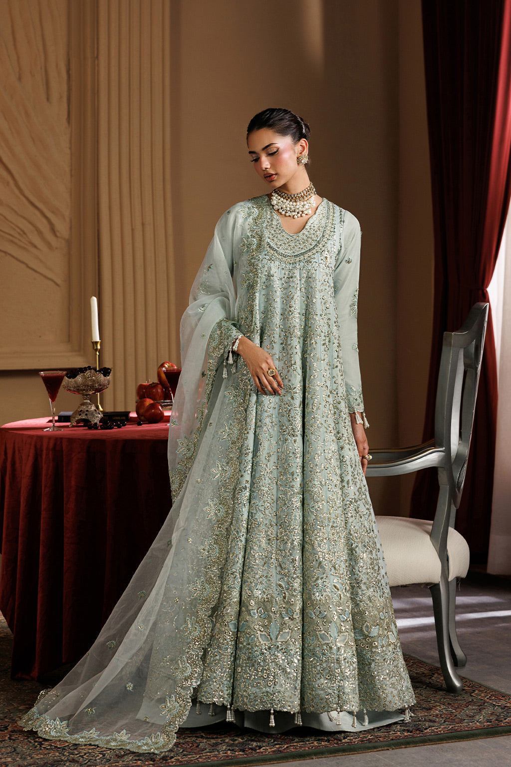 Emaan Adeel HALO S0459 organza outfit in pale mint green — front view