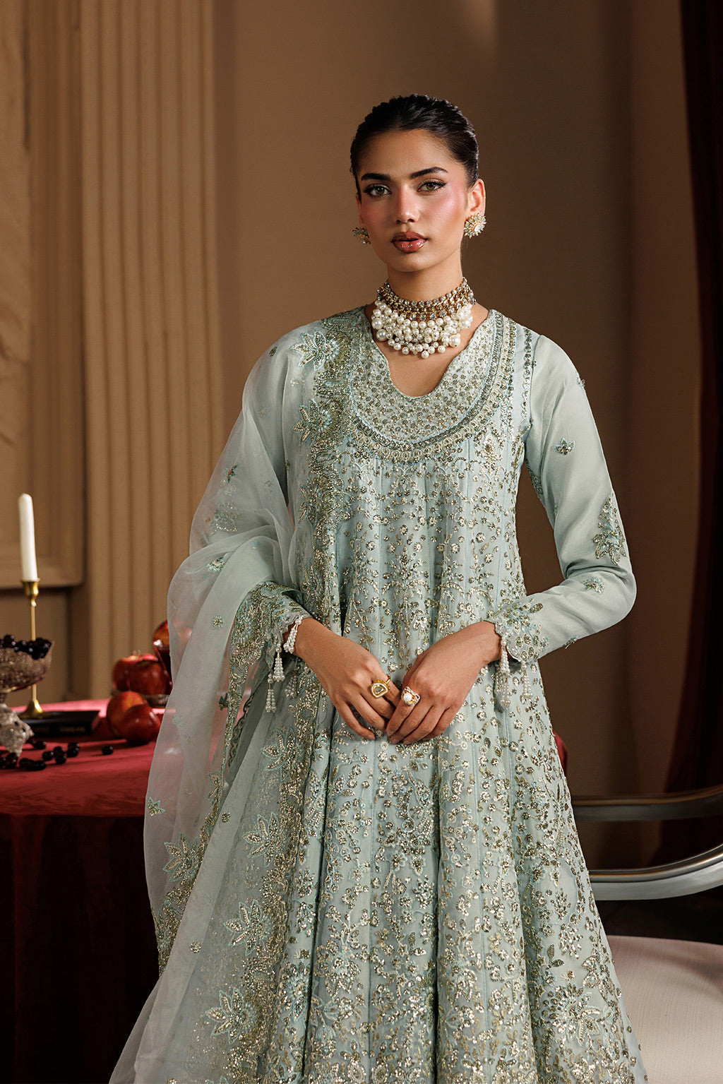 Emaan Adeel HALO S0459 organza outfit in pale mint green — upper-body view