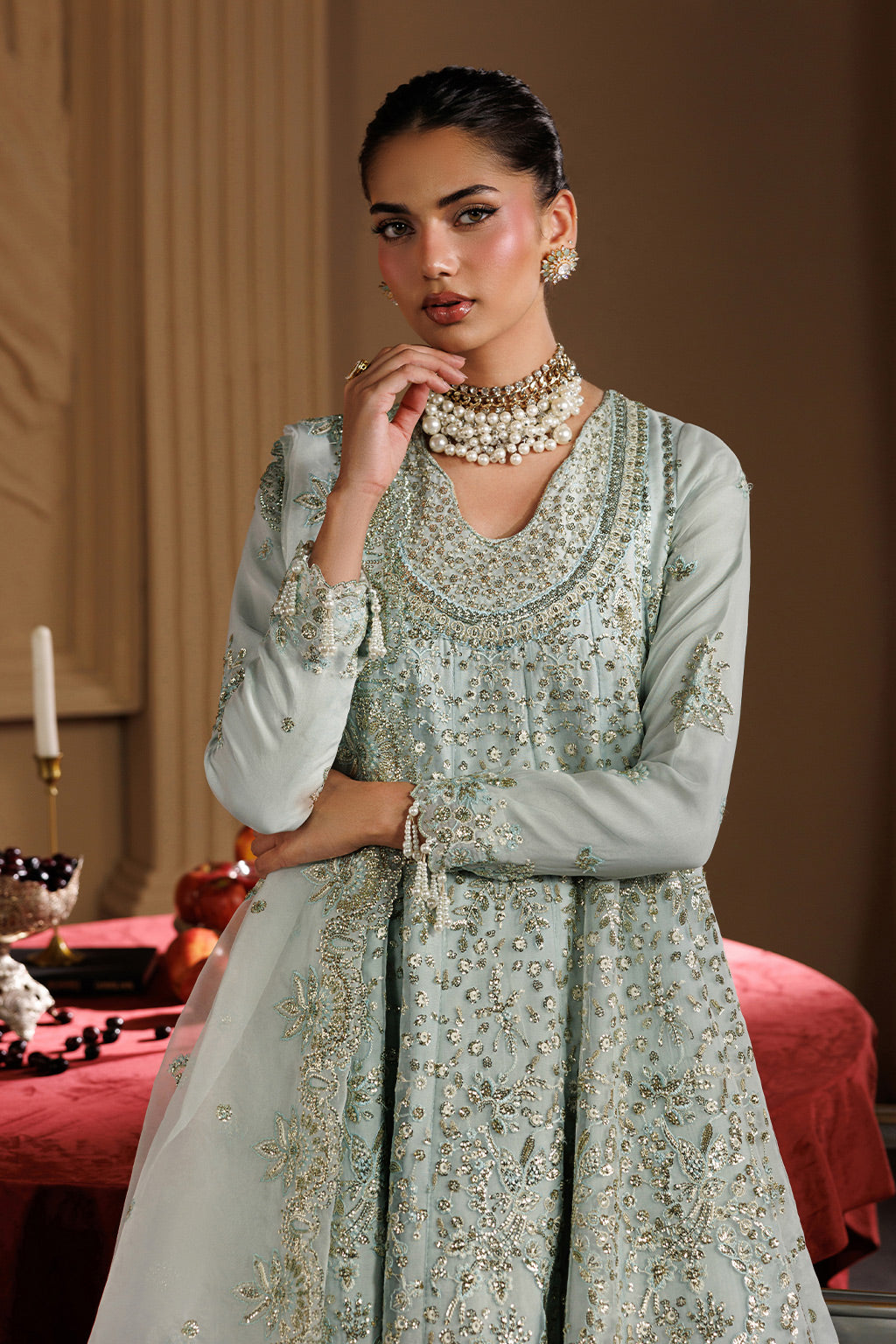 Emaan Adeel HALO S0459 organza outfit in pale mint green — upper-body view