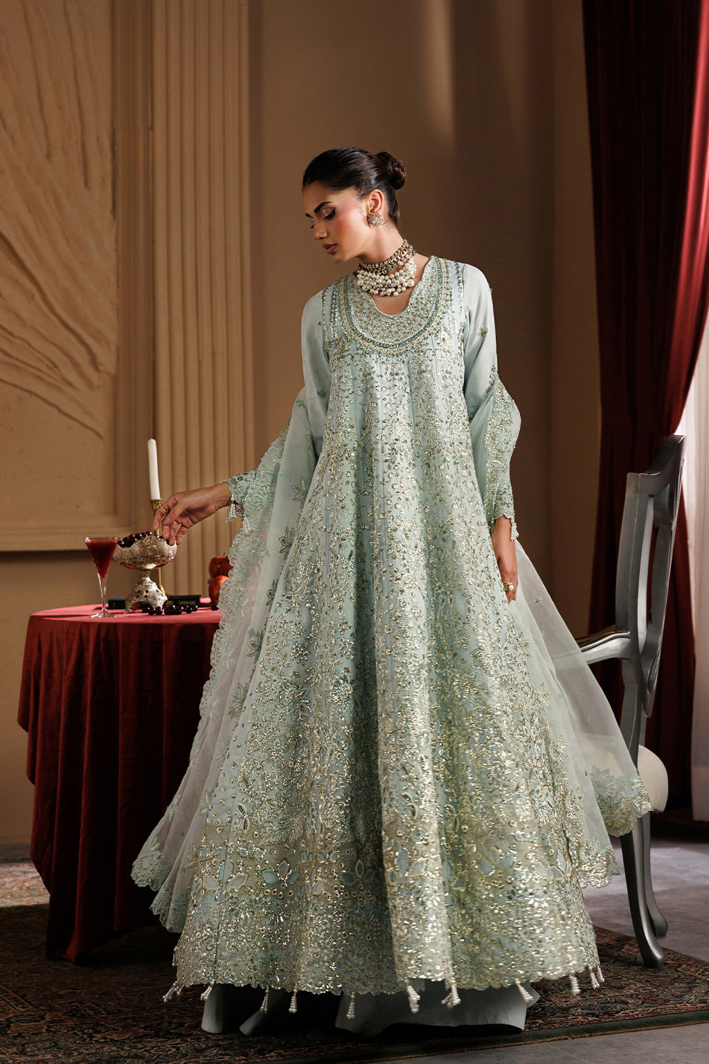 Emaan Adeel HALO S0459 organza outfit in pale mint green — front view