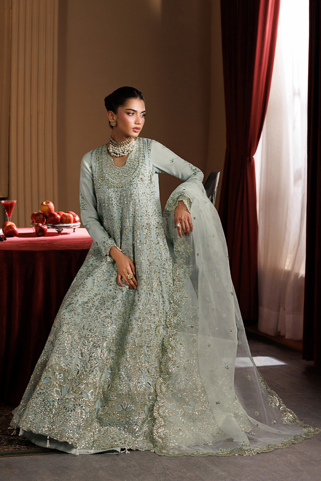 Emaan Adeel HALO S0459 organza outfit in pale mint green — front view