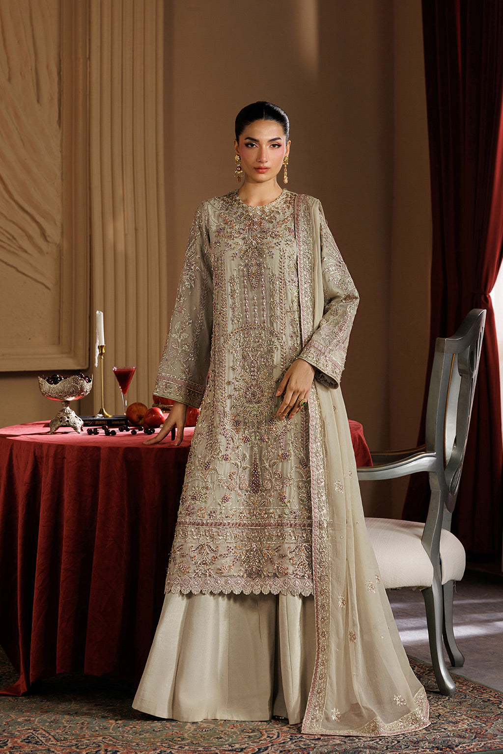 Emaan Adeel ELARA S0455 chiffon outfit in beige — front view