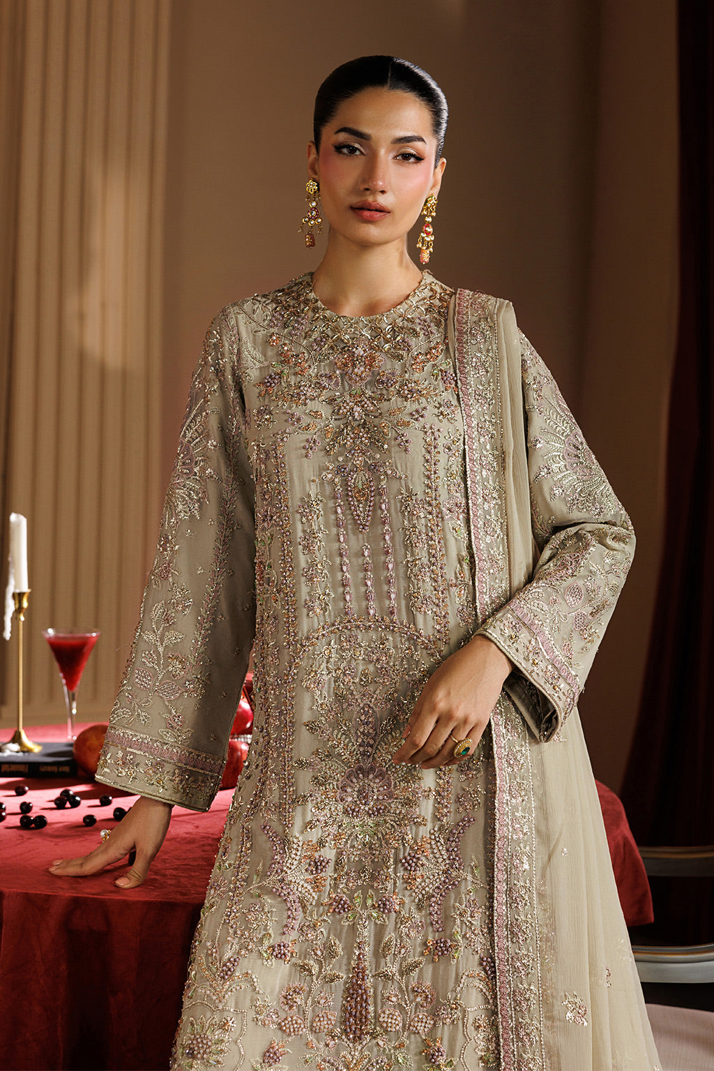 Emaan Adeel ELARA S0455 chiffon outfit in beige — upper-body view