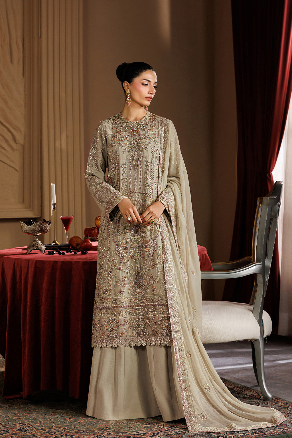 Emaan Adeel ELARA S0455 chiffon outfit in beige — front view
