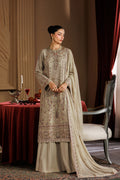 Emaan Adeel ELARA S0455 chiffon outfit in beige — front view