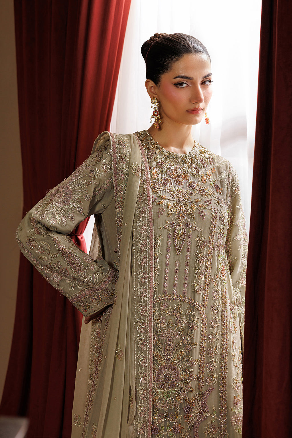 Emaan Adeel ELARA S0455 chiffon outfit in beige — upper-body view