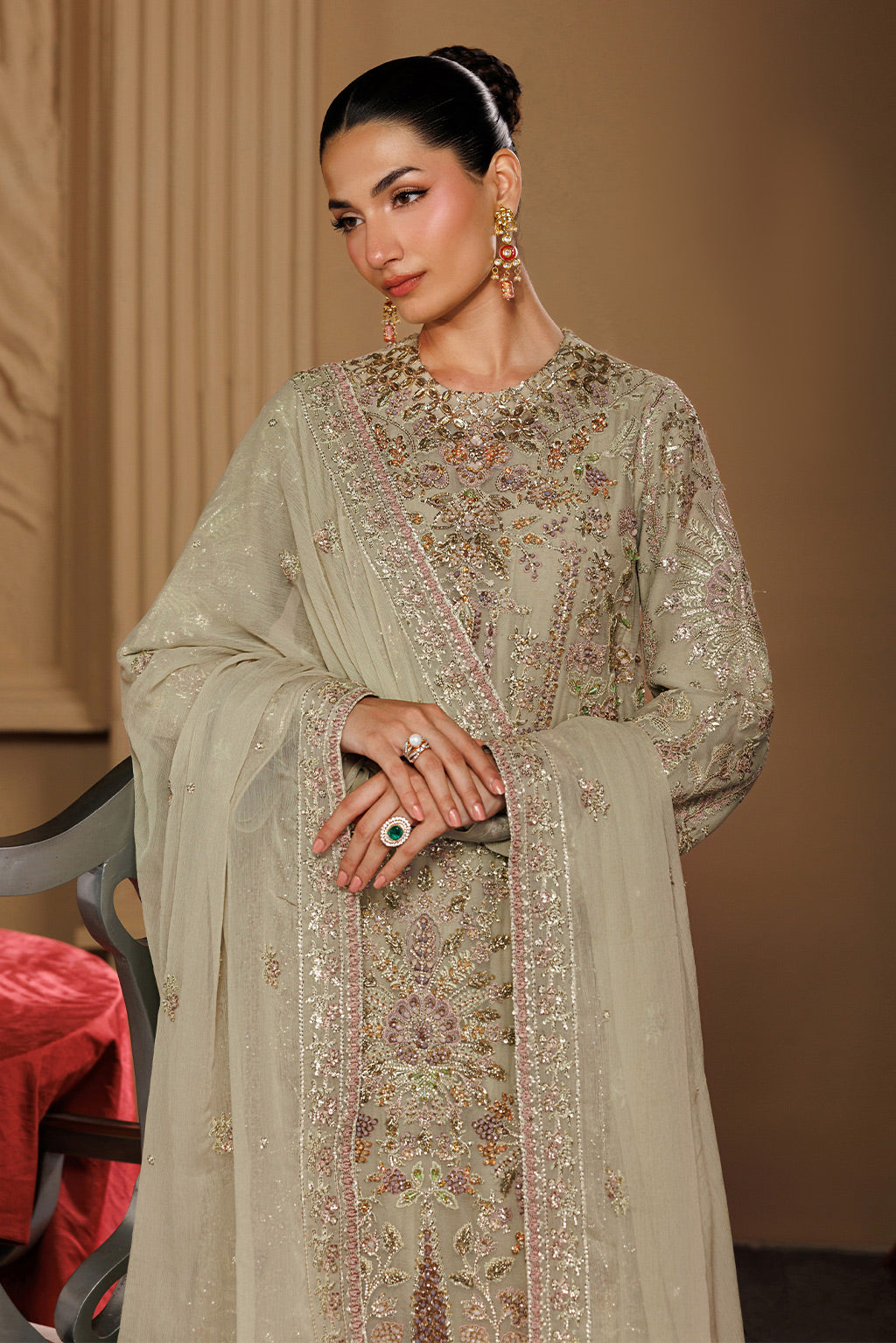 Emaan Adeel ELARA S0455 chiffon outfit in beige — upper-body view