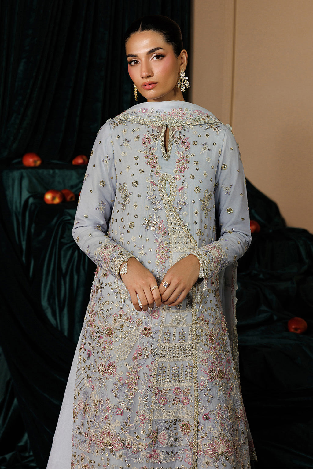 Emaan Adeel SELENE S0457 chiffon outfit in pale blue — upper-body view