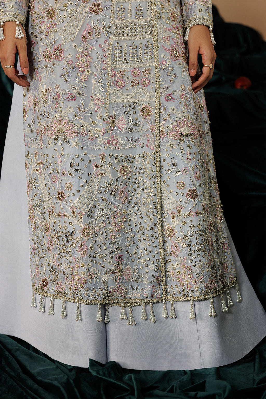 Emaan Adeel SELENE S0457 chiffon outfit in pale blue — hem detail