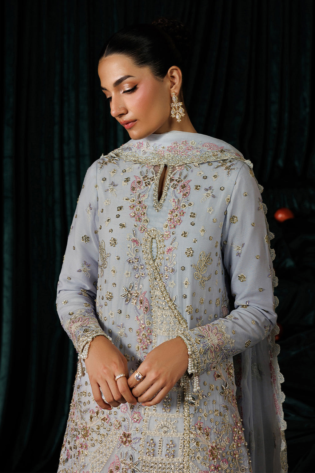 Emaan Adeel SELENE S0457 chiffon outfit in pale blue — upper-body view