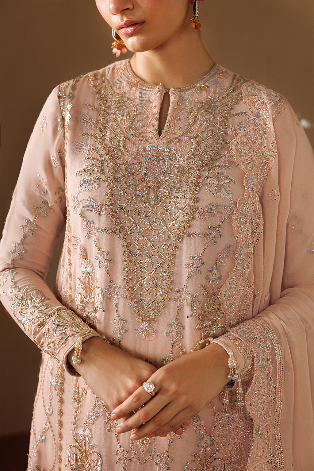 Emaan Adeel REVERIE S0453 chiffon outfit in blush pink — embroidery close-up