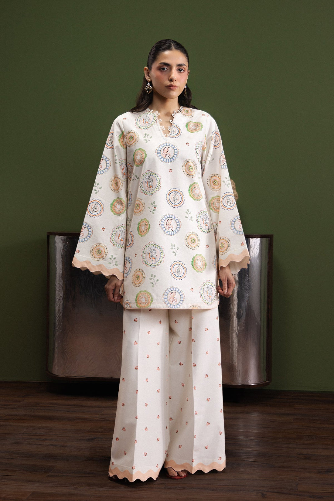 Model wearing Afrozeh Ivory Era shirt & trouser set