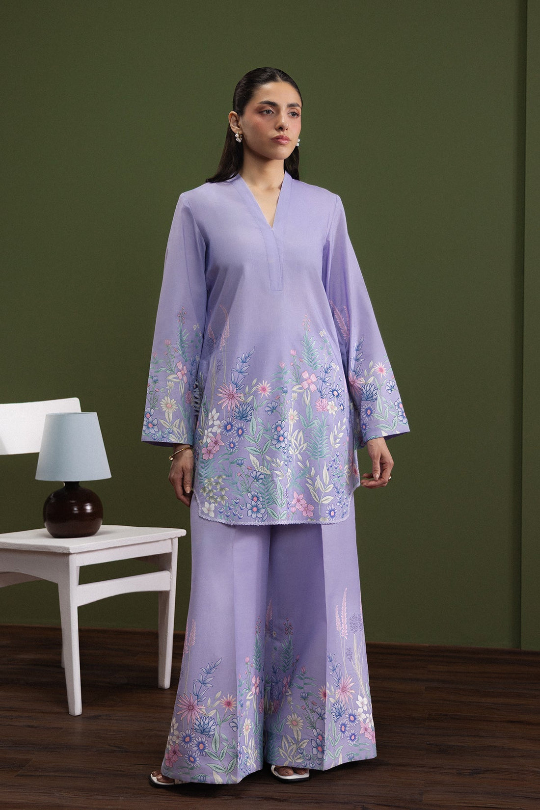 Model wearing Afrozeh Lilac Candy shirt & trouser set
