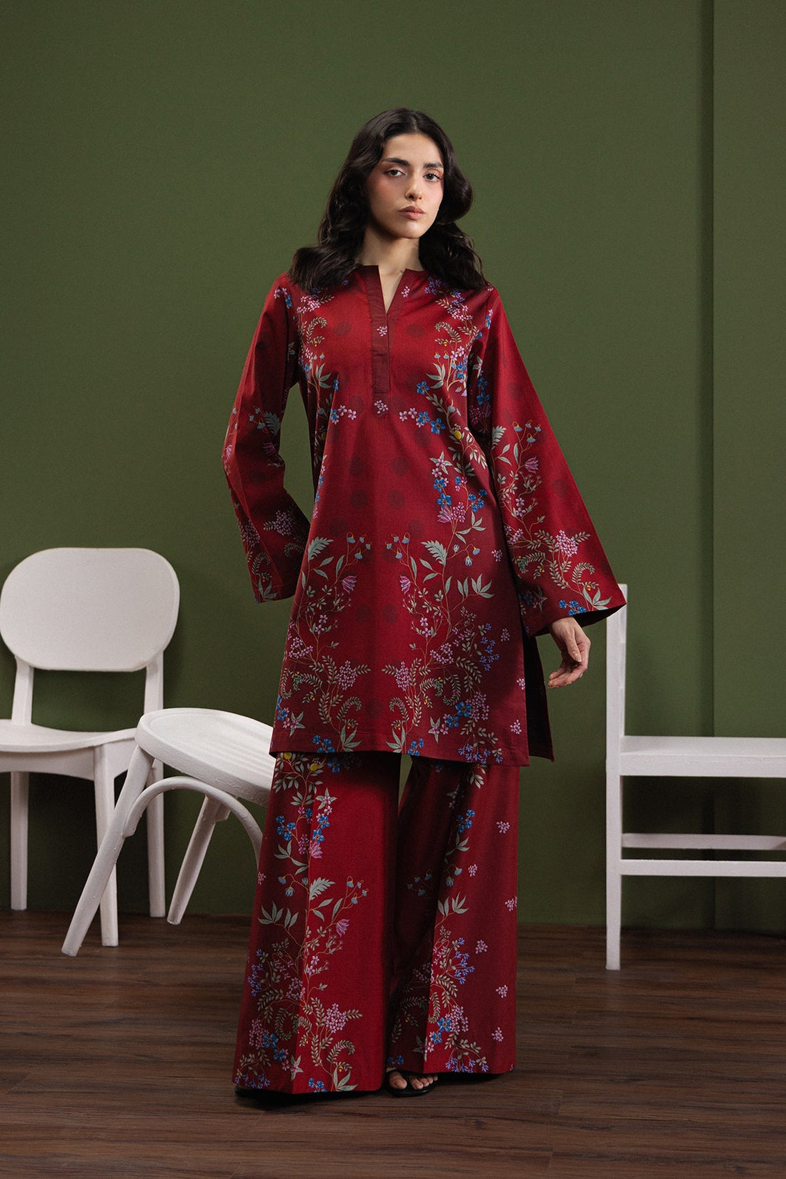 Model wearing Afrozeh Softgirl Scarlet shirt & trouser set