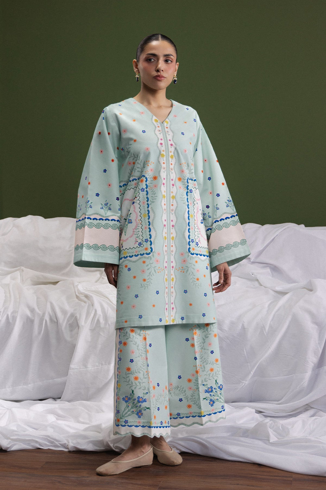 Model wearing Afrozeh Spring Calm shirt & trouser set