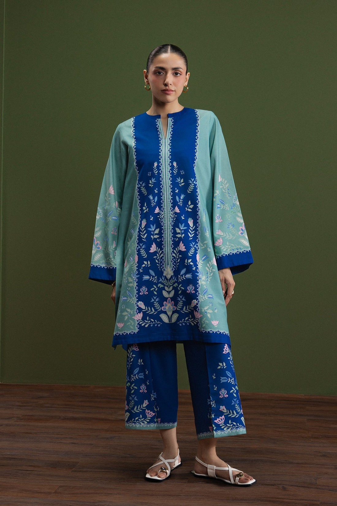 Model wearing Afrozeh Soft Coast shirt & trouser set