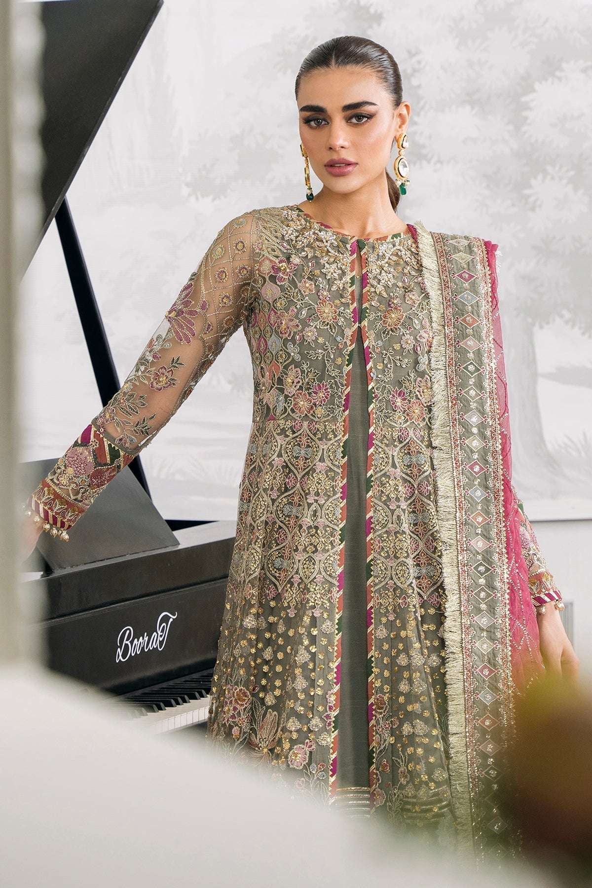 Baroque Chantelle Embroidered Luxury Net 3Pc Suit EC-02 - House Of Hania