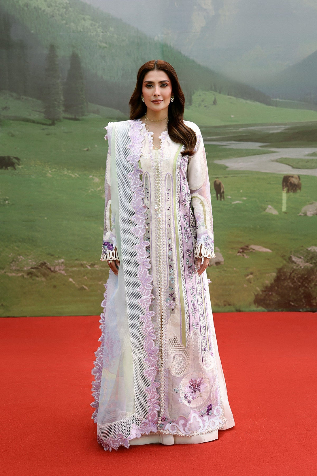 Model wearing Afrozeh Miren ivory shirt & trouser set